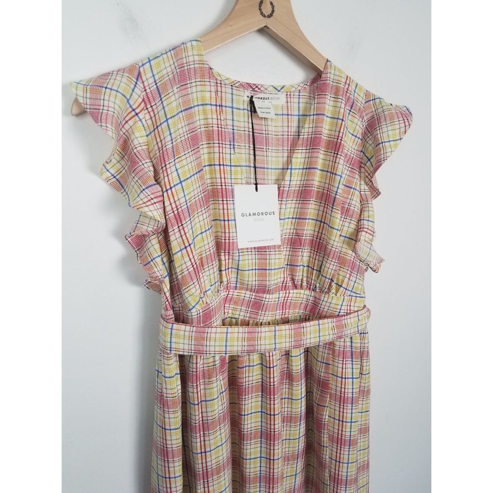 Glamorous Bloom Women's Maternity Sz. 4 Plaid Flutter Sleeve Midi Dress NWT - Picture 4 of 9
